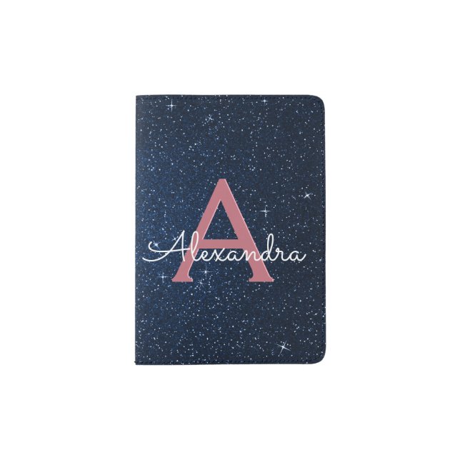 Navy Blue & Rose Gold Sparkle Glitter Monogram Passport Holder (Front)