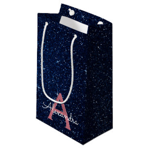 Navy Blue & Rose Gold Sparkle Glitter Monogram Small Gift Bag