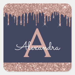 Navy Blue Rose Gold Sparkle Glitter Monogram Square Sticker