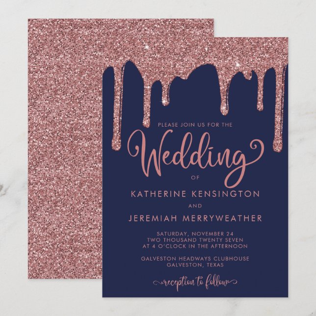 Navy Blue Rose Gold Sparkle Glitter Wedding Invitation (Front/Back)