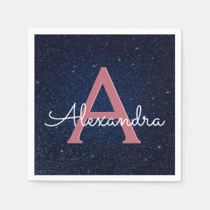 Navy Blue & Rose Gold Sparkle Monogram Initial Paper Napkins
