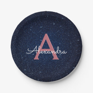 Navy Blue & Rose Gold Sparkle Monogram Initial Paper Plates