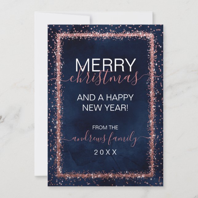 Navy Blue Rose Gold Sprinkled Confetti Christmas Holiday Card (Front)