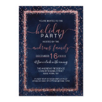 Navy Blue Rose Gold Sprinkled Confetti Christmas Invitation