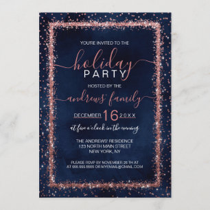 Navy Blue Rose Gold Sprinkled Confetti Christmas Invitation