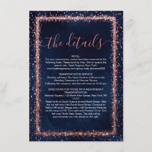 Navy Blue Rose Gold Sprinkled Confetti Details Enclosure Card