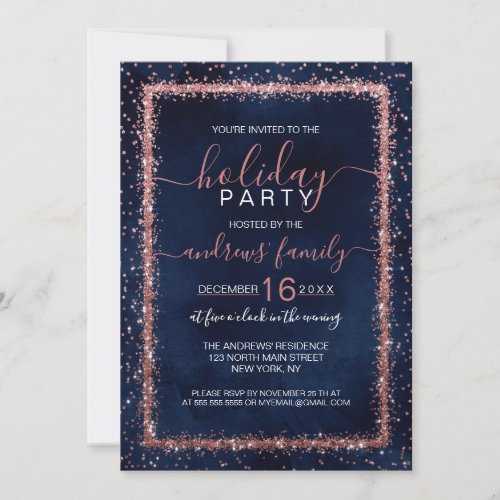 Navy Blue Rose Gold Sprinkled Confetti Holiday Invitation