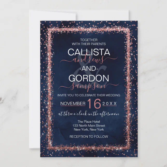 Navy Blue Rose Gold Sprinkled Confetti Wedding Invitation | Zazzle