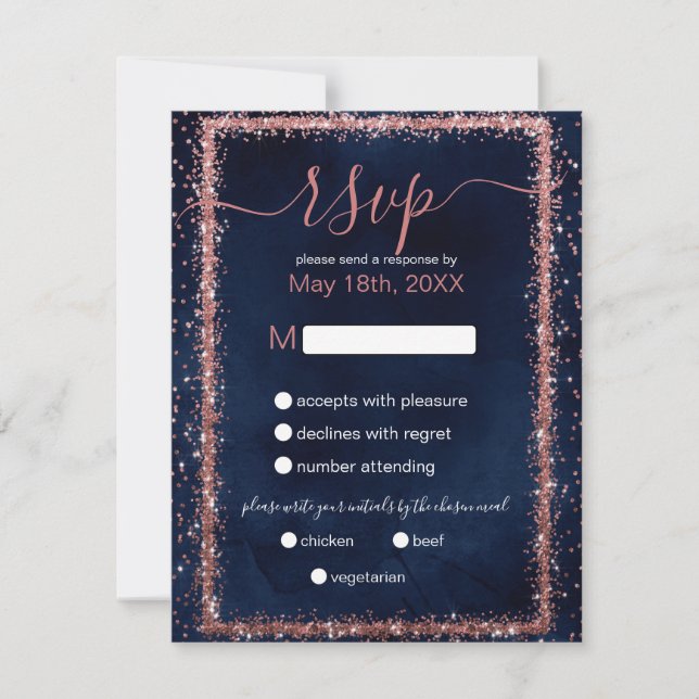 Navy Blue Rose Gold Sprinkled Confetti Wedding RSVP Card (Front)