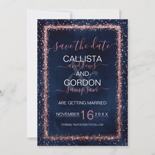 Navy Blue Rose Gold Sprinkled Confetti Wedding Save The Date (Front)