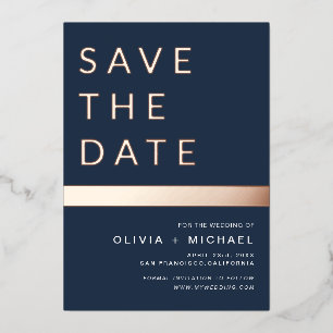 Navy Blue Rose Gold Stripe Save the Date Photo Foil Invitation