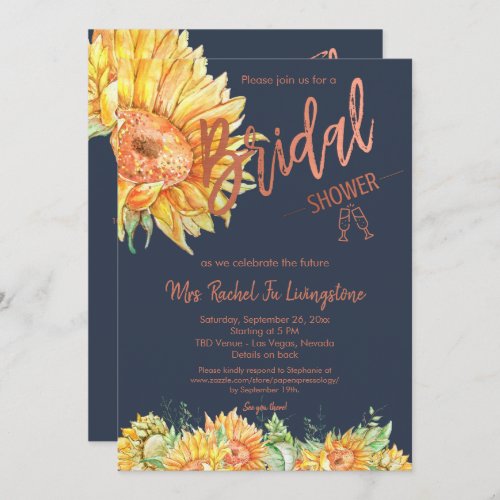 Navy Blue Rose Gold Sunflower Bridal Shower Detail Invitation