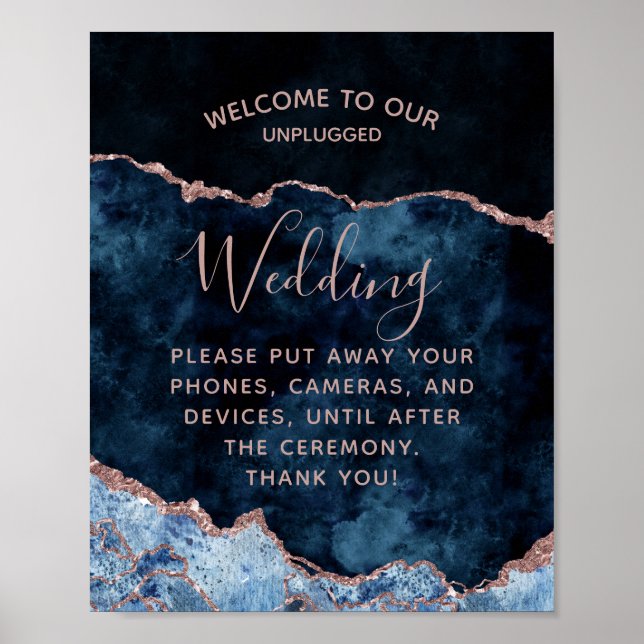 Navy Blue Rose Gold Unplugged Wedding Table Sign (Front)