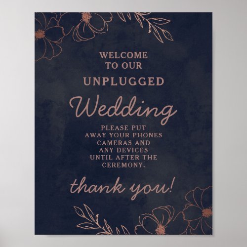 Navy Blue  Rose Gold Unplugged Wedding Table Sign