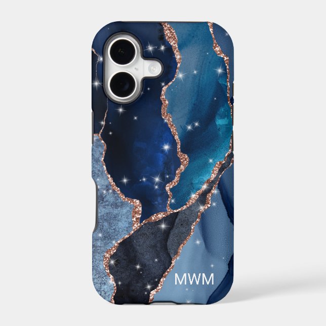 Navy Blue Rose Gold Veins Agate Monogram Case-Mate iPhone Case (Back)