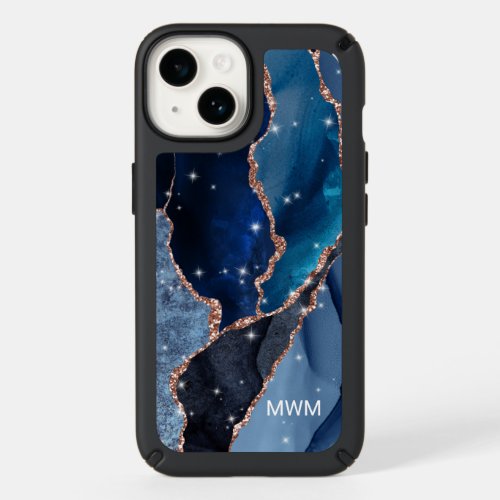 Navy Blue Rose Gold Veins Agate Monogram Speck iPhone 14 Case