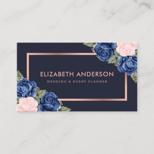 Navy Blue Rose Gold Watercolor Floral Business Card