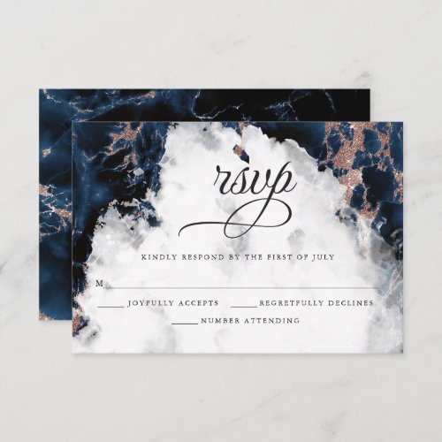 Navy Blue Rose Gold Watercolor Geode RSVP Card