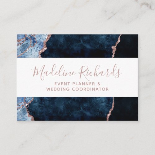 Navy Blue Rose Gold Watercolor Marble Agate Gilded Business Card