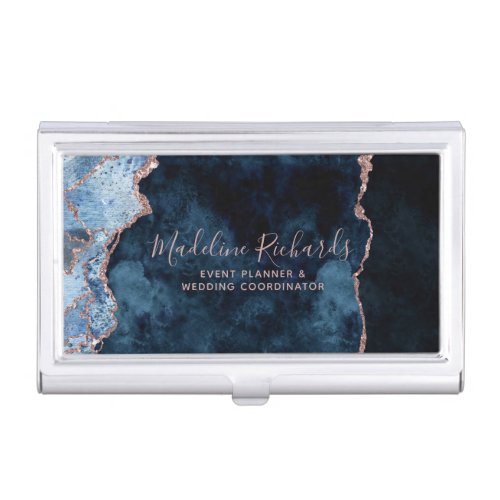 Navy Blue Rose Gold Watercolor Marble Agate Gilded Business Card Case