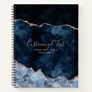 Navy Blue & Rose Gold Watercolor Marble Agate Gilt Notebook