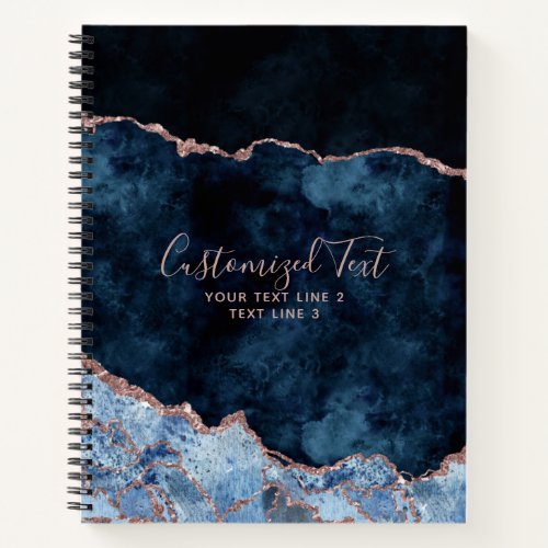 Navy Blue  Rose Gold Watercolor Marble Agate Gilt Notebook