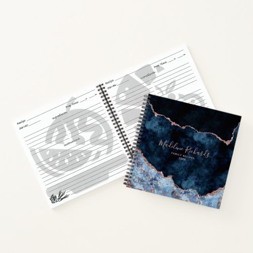 Navy Blue Rose Gold Watercolor Marble Agate Recipe Notebook