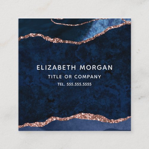 Navy Blue Rose Gold Watercolor Marble Agate Square Business Card
