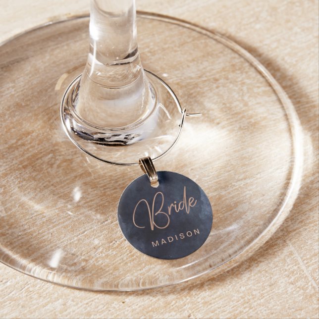 Navy Blue & Rose Gold Wedding Bride Monogram Wine Charm (In Situ)