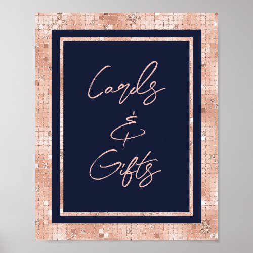 Navy Blue Rose Gold Wedding Cards and Gifts Sign