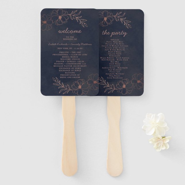 Navy Blue & Rose Gold Wedding Ceremony Program Hand Fan (Front and Back)