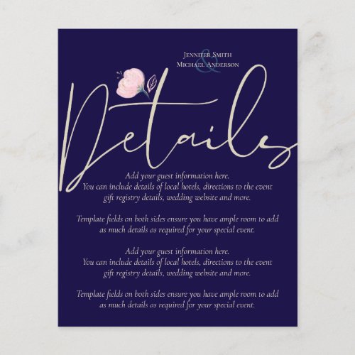 Navy Blue Rose Gold Wedding Details Program Budget