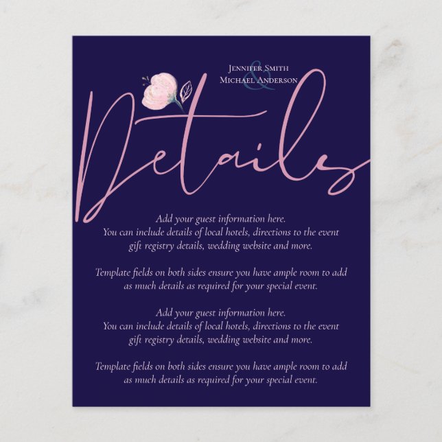 Navy Blue Rose Gold Wedding Details Program Budget (Front)