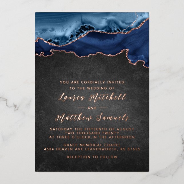 Navy Blue & Rose Gold Wedding Foil Invitation (Front)