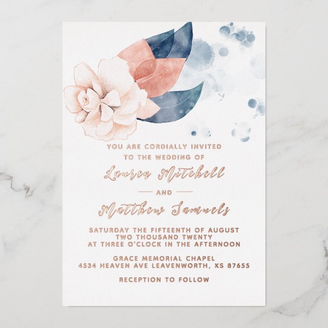 Navy Blue & Rose Gold Wedding Foil Invitation (Front)