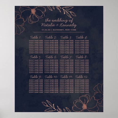 Navy Blue  Rose Gold Wedding Table Seating Chart