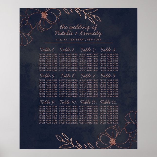Navy Blue & Rose Gold Wedding Table Seating Chart (Front)
