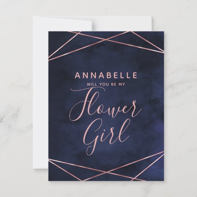 Navy Blue & Rose Gold Will You Be My Flower Girl Invitation (Front)