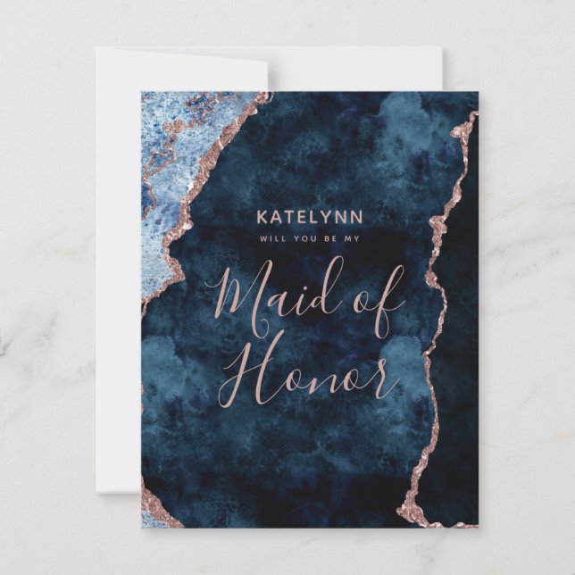 Navy Blue Rose Gold Will You Be My Maid of Honor Invitation (Front)