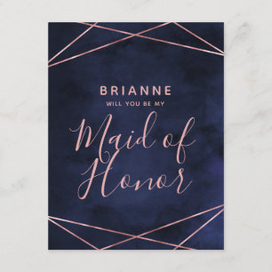 Navy Blue & Rose Gold Will You Be My Maid of Honor Invitation