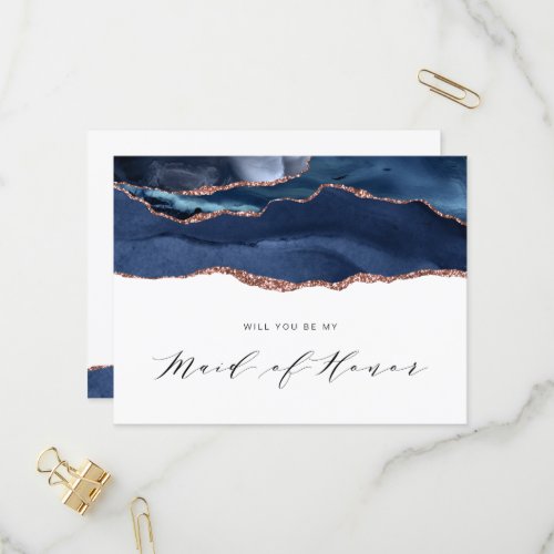 navy blue rose gold will you be my Maid of Honor Invitation Postcard