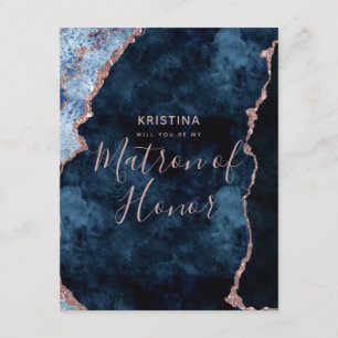 Navy Blue Rose Gold Will You Be My Matron of Honor Invitation