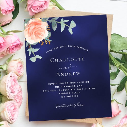 Navy blue rose greenery budget wedding invitation