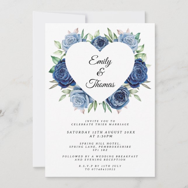 Navy Blue Rose Heart Wedding Invitation (Front)