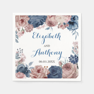Navy Blue Rose Mauve Watercolor Floral Wedding Napkins