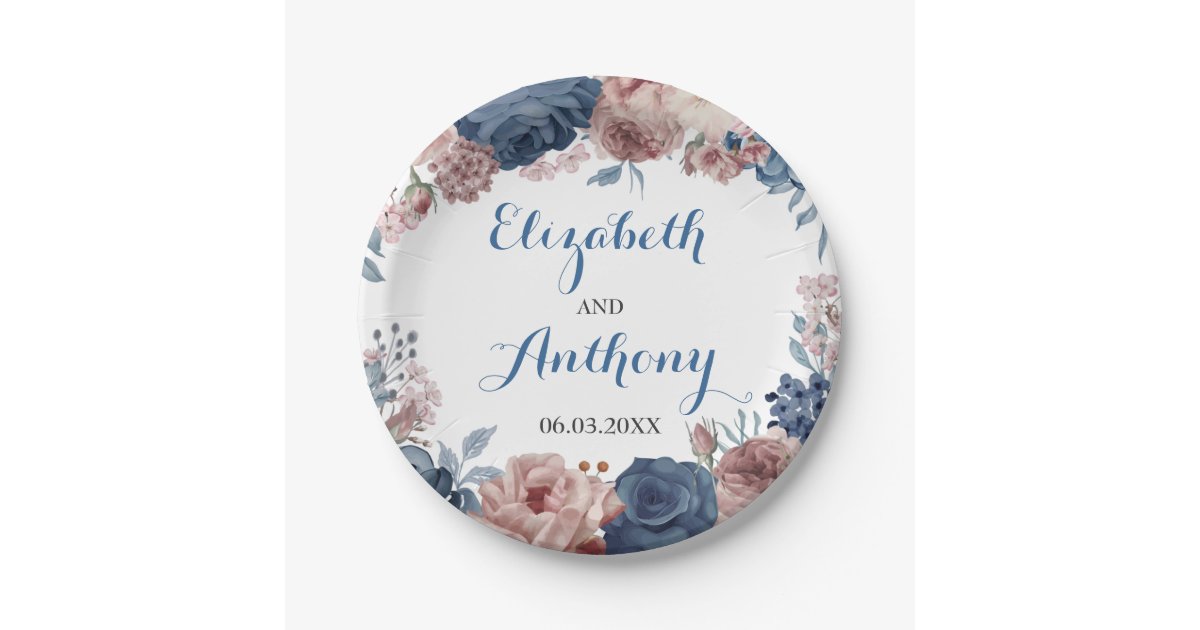 Navy Blue Rose Mauve Watercolor Floral Wedding Paper Plates | Zazzle