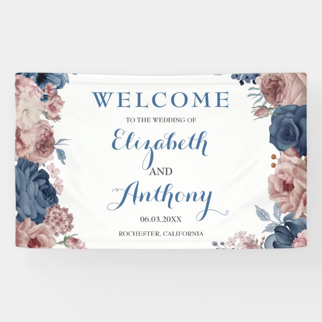 Navy Blue Rose Mauve Watercolor Wedding Backdrop Banner (Horizontal)