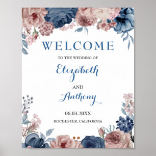 Navy Blue Rose Mauve Watercolor Wedding Backdrop Poster