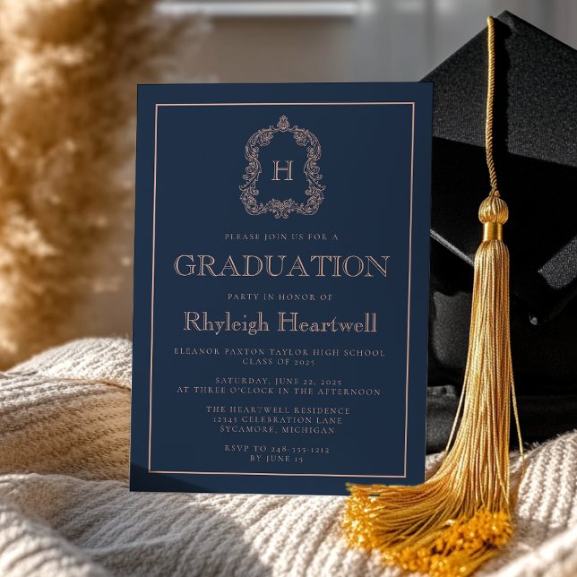 Navy Blue Rose Monogram Crest Graduation Party Invitation (Creator Uploaded)