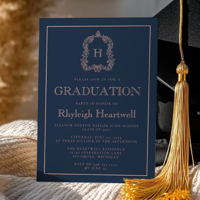 Navy Blue Rose Monogram Crest Graduation Party Invitation (Creator Uploaded)